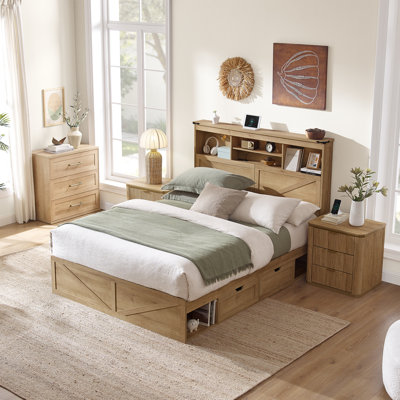 Base de lit pleine grandeur de style campagnard avec tête de lit de rangement de 52 po de hauteur et éclairage à DEL, cadre de lit plateforme en bois avec 4 tiroirs et station de charge, support à lattes de bois, aucun sommier nécessaire