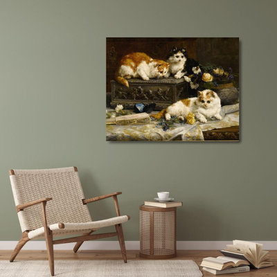 "Three Watchful Kittens" by  Charles Van Den Eycken - Gallery Wrap Canvas Wall Art