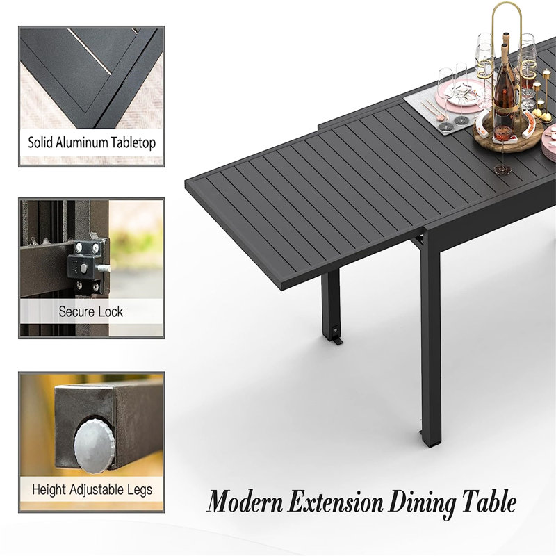 Table de patio extensible noire pour jardin, pelouse et porche, rectangulaire, en métal aluminium, pour 6 à 8 personnes, fonctionnelle - Noir, usage bistro