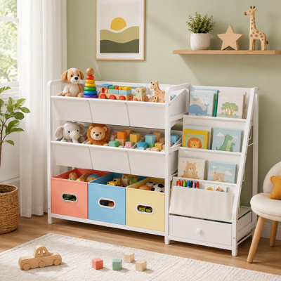 Kids' Toy Storage System with 3 Book Shelves and 10 Storage Bins, Montessori Playroom Organizer for Toddlers and Babies