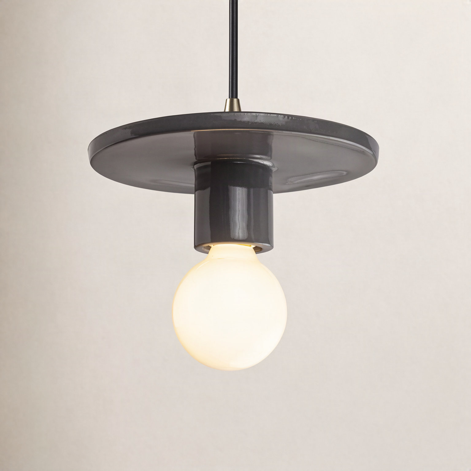 Leni Single Light Ceramic Dimmable Pendant, Gloss Gray, Antique Brass