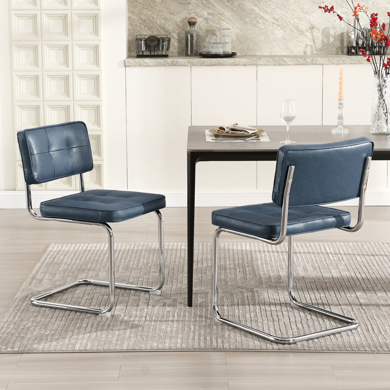 Aveon 49cm H Mid-Century Modern Tufted Faux Leather Side Dining Chair with Steel Frame(Set of 2), Blue