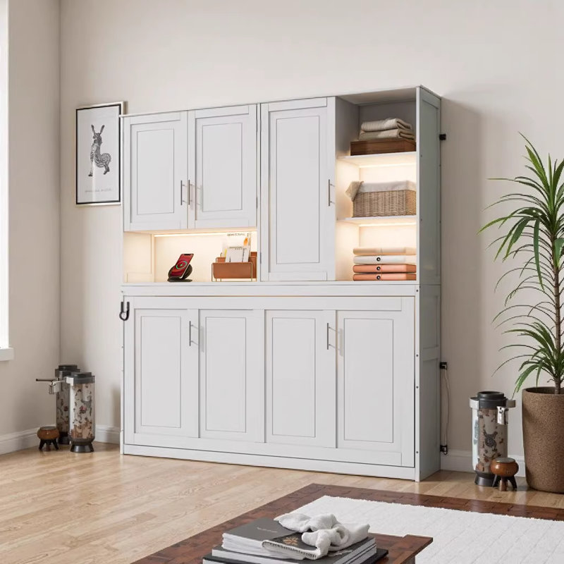 Lit escamotable mural simple avec armoire supérieure et tablettes, conception pliable peu encombrante avec lumière DEL et ports USB, blanc