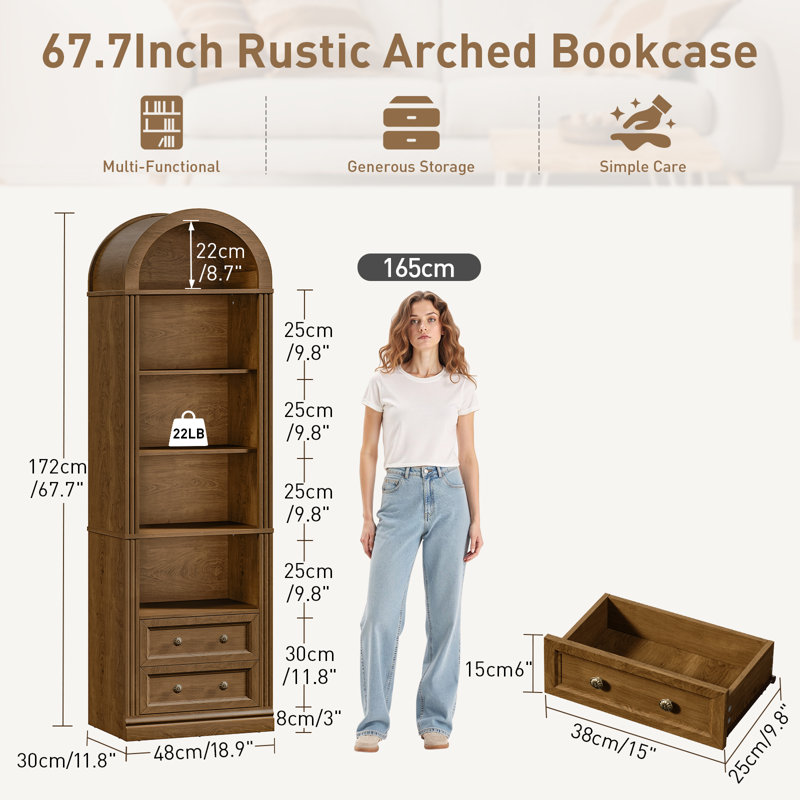 67.7" Tall Narrow Bookcase Bookshelf with 2 Drawers and 5-Tier Farmhouse Arch Book Shelf, Walnut