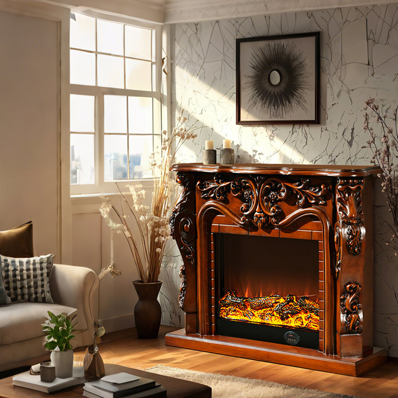 47.64"Modern Solid Wood Brown Carved Decorative Fireplace Mantel, Brown