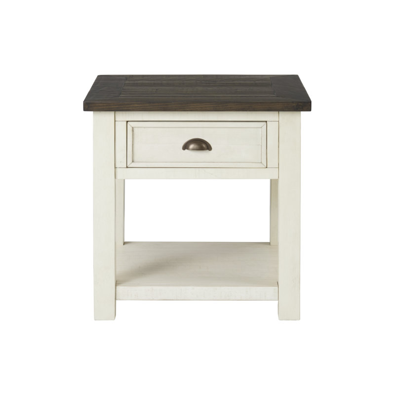 Holliman Solid Wood End Table with Storage, Cream White/Brown