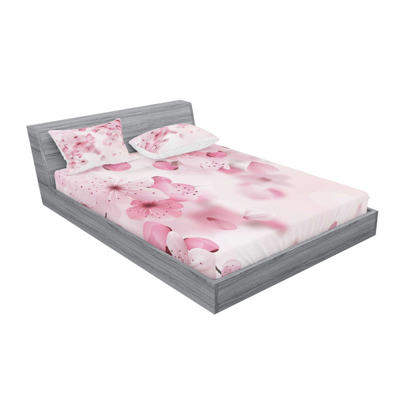 Microfiber Floral Sheet Set, Queen Sheet Set with Fitted Sheet, Japanese Sakura Floral