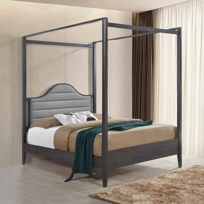 Grand lit à baldaquin avec tête de lit tapissier, ustensiles de chambre en bois, finition brossée brune, rails inclus