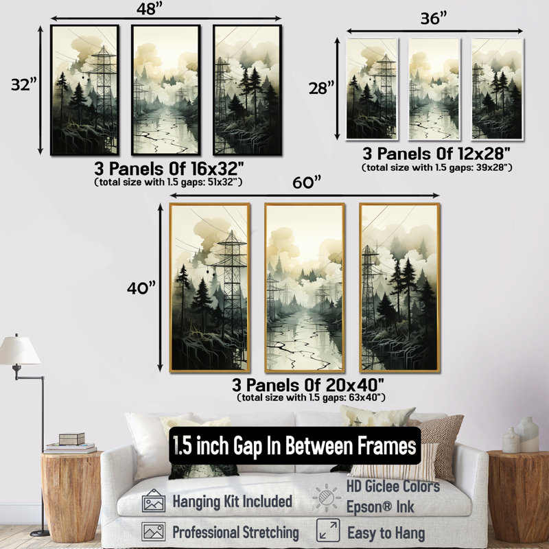 «Stormy Edges Power Lines Fog Mountains», ensemble d'art sur toile, Cadre flottant noir, H 40 po x l 60 po x P 1 po