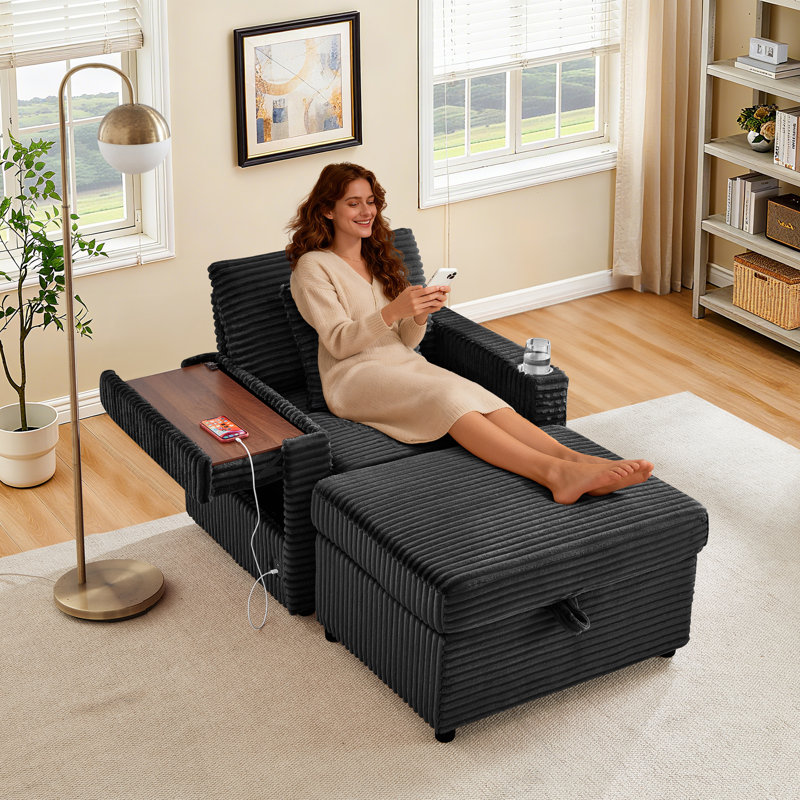 Corduroy Chaise Lounge Chair Indoor with Hidden-Armrest Table &Storage Ottoman,Upholstered Oversized Accent Chair with USB Charge Ports&Cup Holder, Comfy Reading Sofa Chairs for Living Room,Bedroom
