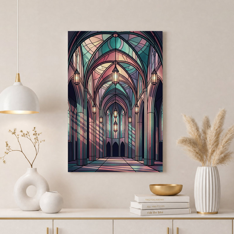 Tableau sur toile représentant des arches gothiques turquoise et rose avec lanternes suspendues, H 18 po x l 12 po