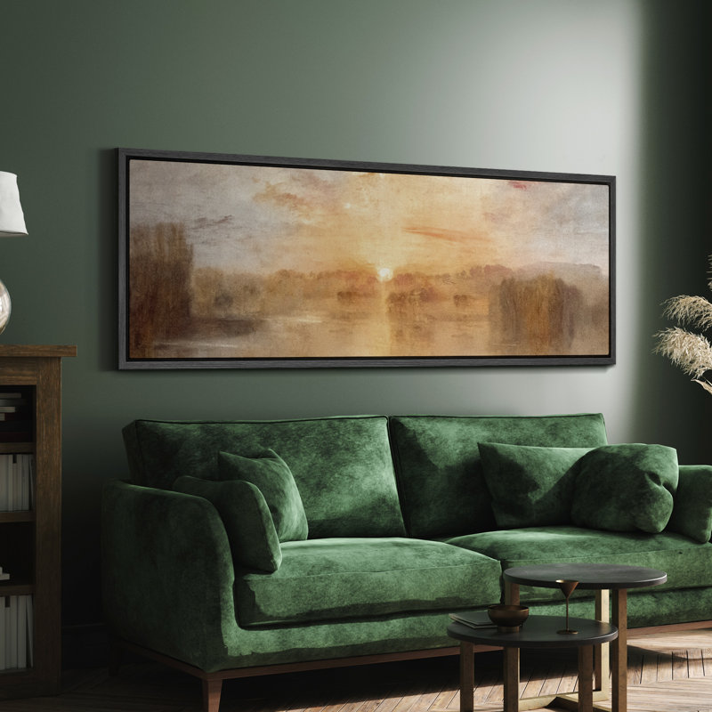 Golden Lake Sunset Large Framed Canvas Print Wall Art - Warm Impressionist Nature Decor, 20" H x 60" W, Black
