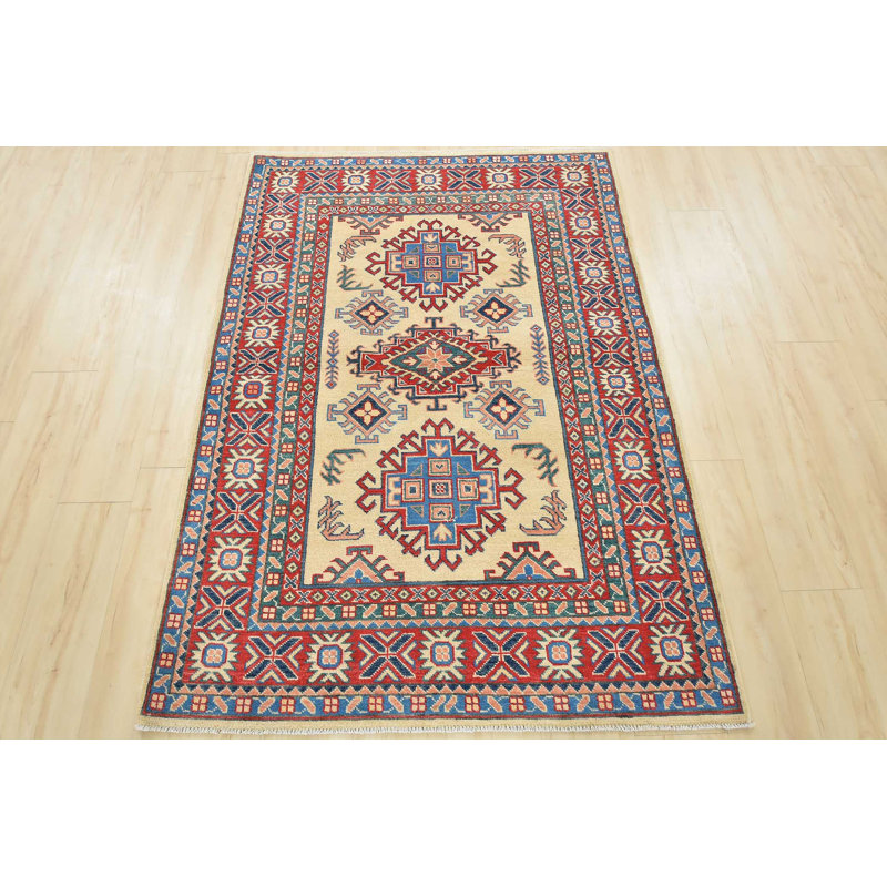 Tapis géométrique beige en laine noué à la main à motif géométrique Kazak 4 pi x 5 pi 11 po