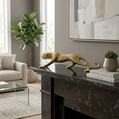 Sculpture de guépard en métal contemporain - Décoration pour salon - Figurine animale décorative à poser sur une table - Or