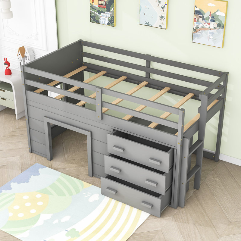 Lit mezzanine simple en bois avec tiroirs, gris