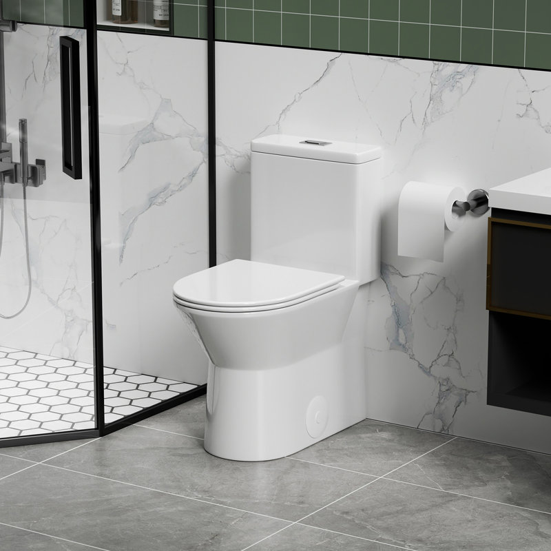 Compliant Toilet, 17" Height, 1.1/1.6 Dual Flush, Rimless Bowl, Soft Closing Seat, Gloss White, 12" Rough-in, Close Maintenance-