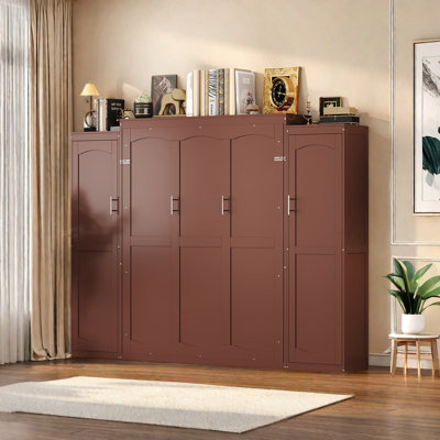 Murphy Bed with 2 Wardrobes & Open Shelves – Space-Saving Foldable Wall Bed with Sturdy Wooden Platform Frame – Ideal for Guest Rooms, Home Offices, and Studio Apartments