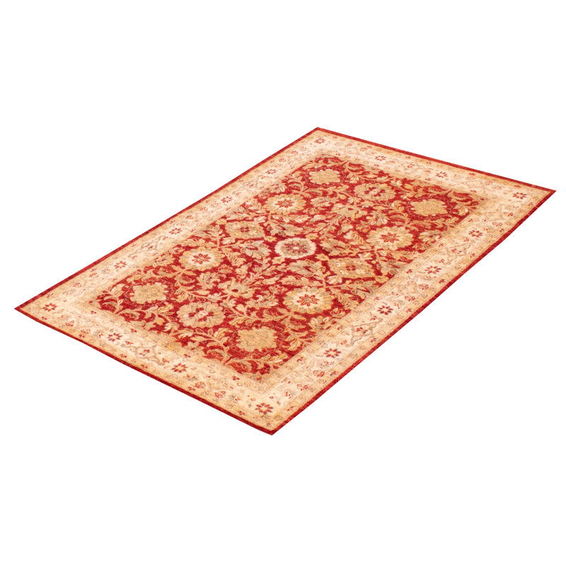 Tapis rouge en laine noué à la main de conception unique 4 pi x 6 pi 2 po nouvel âge Kenmure