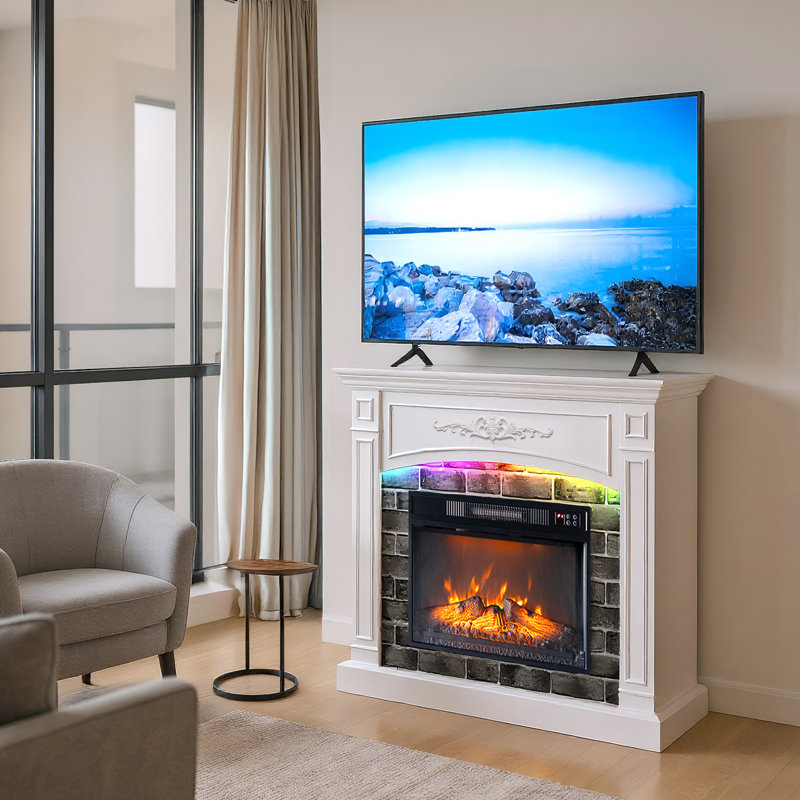 Console média 43 po pour foyer blanc, à manteau simple, compatible avec un insert électrique de 1400 W de 18 po et des flammes de 6 couleurs, parfait pour le décor du salon