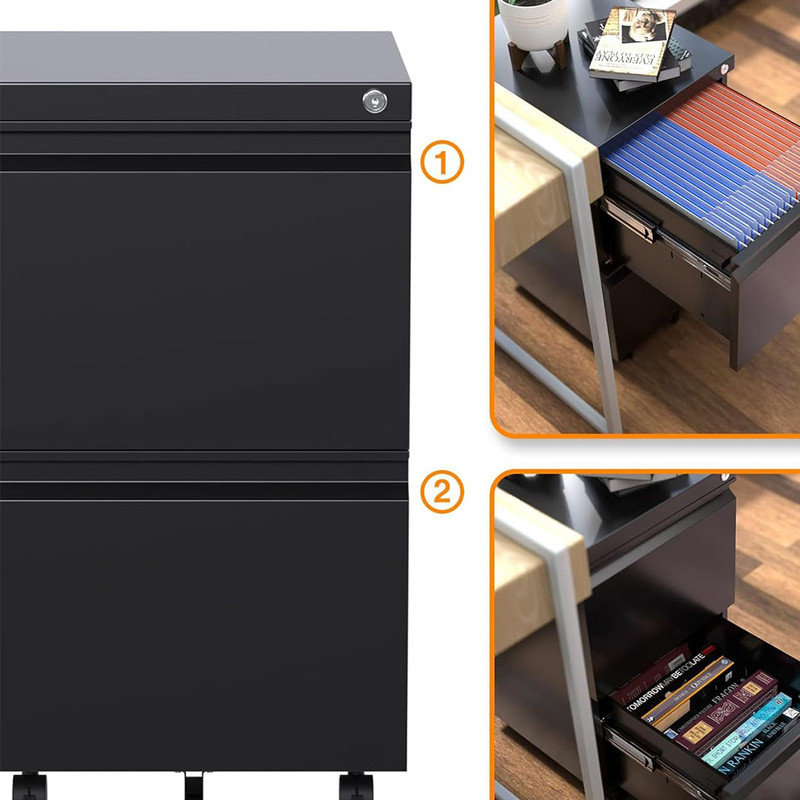 Metal 2 Drawer Mobile File Cabinet with Lock, Featuring simple stylish Filing Cabinet, 25.6''H Letter Size Files Storage Cabinet,Black