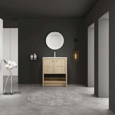 Meuble-lavabo de 30 po avec lavabo en céramique, porte à fermeture en douceur et grande armoire en chêne, apparence attrayante