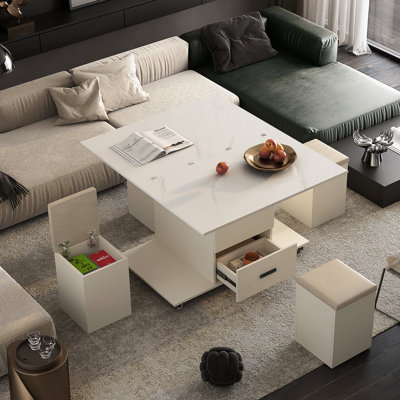 Table basse relevable moderne avec 4 tabourets pour le salon 1 espace de rangement caché