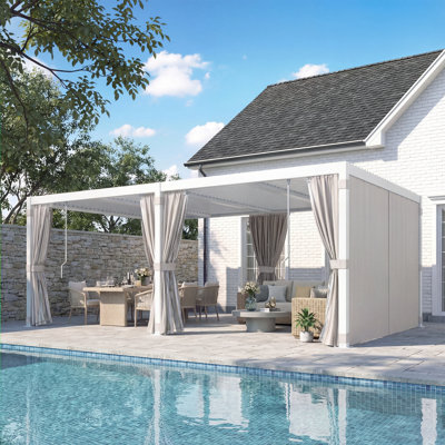 Erommy 12' x 20' Louvered Pergola with Adjustable Waterproof Roof, Aluminum Outdoor Gazebo with Curtains for Patio, Deck & Hot Tub, White