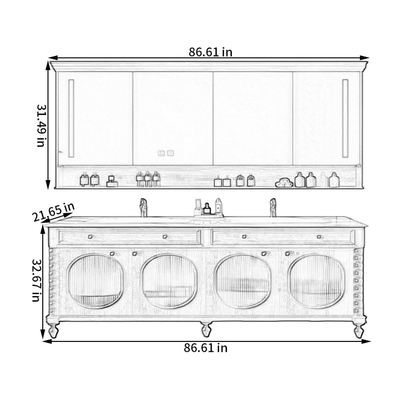 Armoire de salle de bain en pierre de style rétro français de luxe, H 32,67 po x l 86,61 po x P 21,65 po