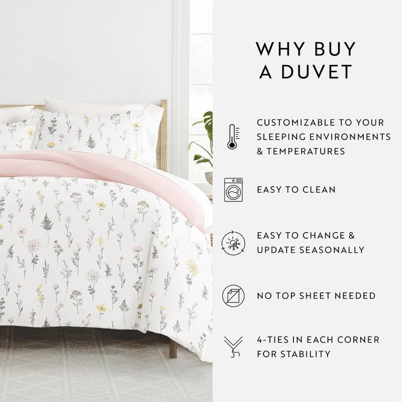 Duvet Cover Set Patterned Microfiber Ultra Soft Bedding in Wildflower, Queen Duvet Cover + 2 Standard Shams