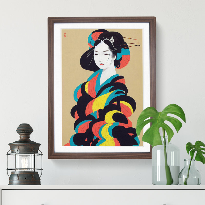 Colourful Geisha No.3 - Single Picture Frame Painting, 34cm H x 25cm W x 2cm D, Walnut