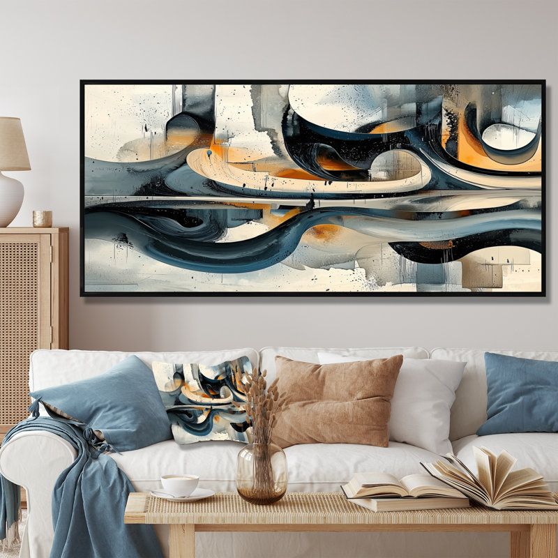 Art mural flou «Horizons flous de paysages géométriques II», H 28 po x l 60 po, Cadre flottant, Noir