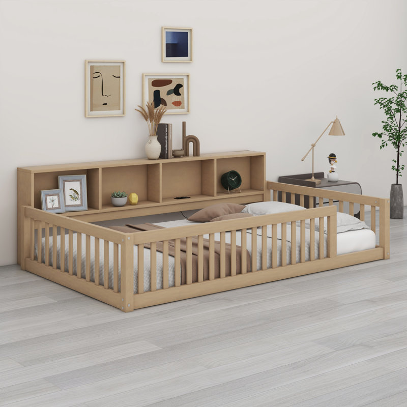 Lit au sol avec armoires de rangement et ports USB, Brun
