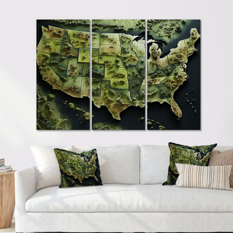 «Usa Map Eco Expanse» - ensemble d'art mural carte des États-Unis, H 32 po x l 48 po x P 1 po