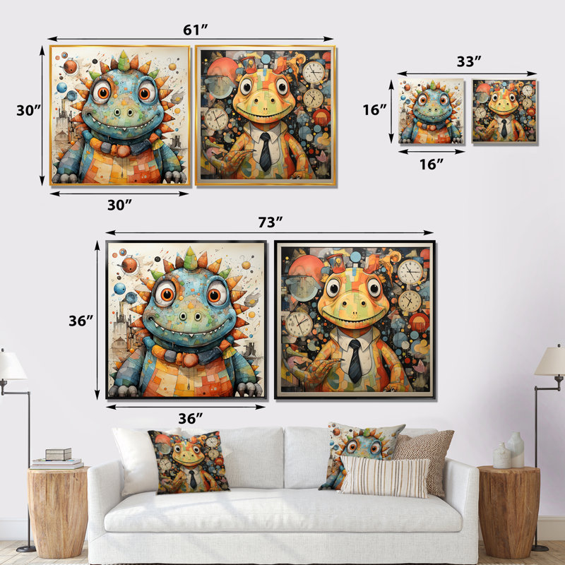 Cubist Dinosaur Nursery I - ensemble de 2 reproductions d'art mural de dinosaures, Cadre flottant blanc