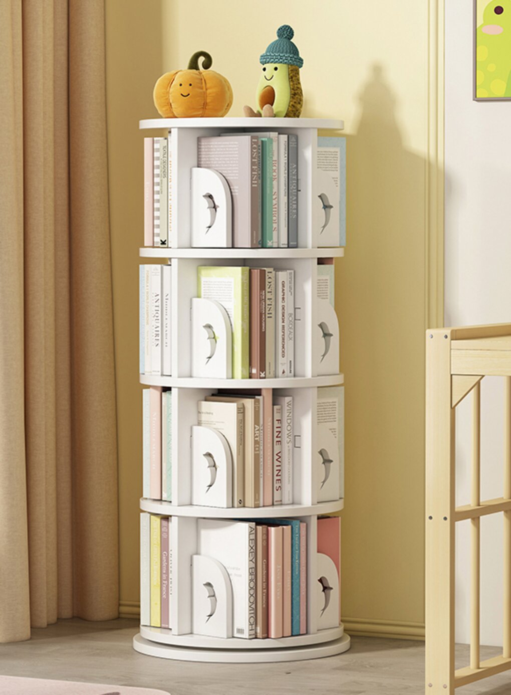 White 4-sided Revolving Media Storage Bookcase Rotating Bookshelf
