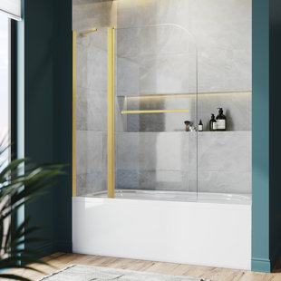 43" W X 58" H Frameless Pivot Foldable Bathtub Door With 1/4" Clear Tempered Glass And Towel Bar