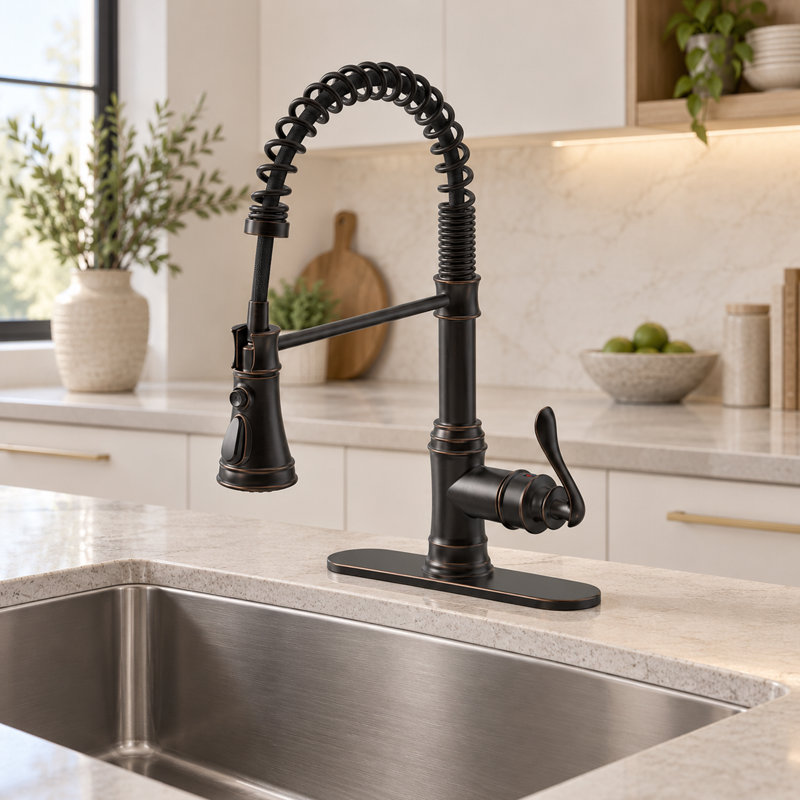 Single-Handle High-Arc Pull-Down Kitchen Faucet with Deck Plate, Oil Rubbed Bronze