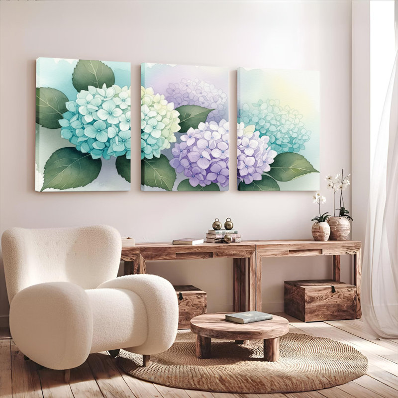 Hydrangea, reproduction d'art sur toile tendue sur toile, ensemble de 3, H 18 po x l 36 po