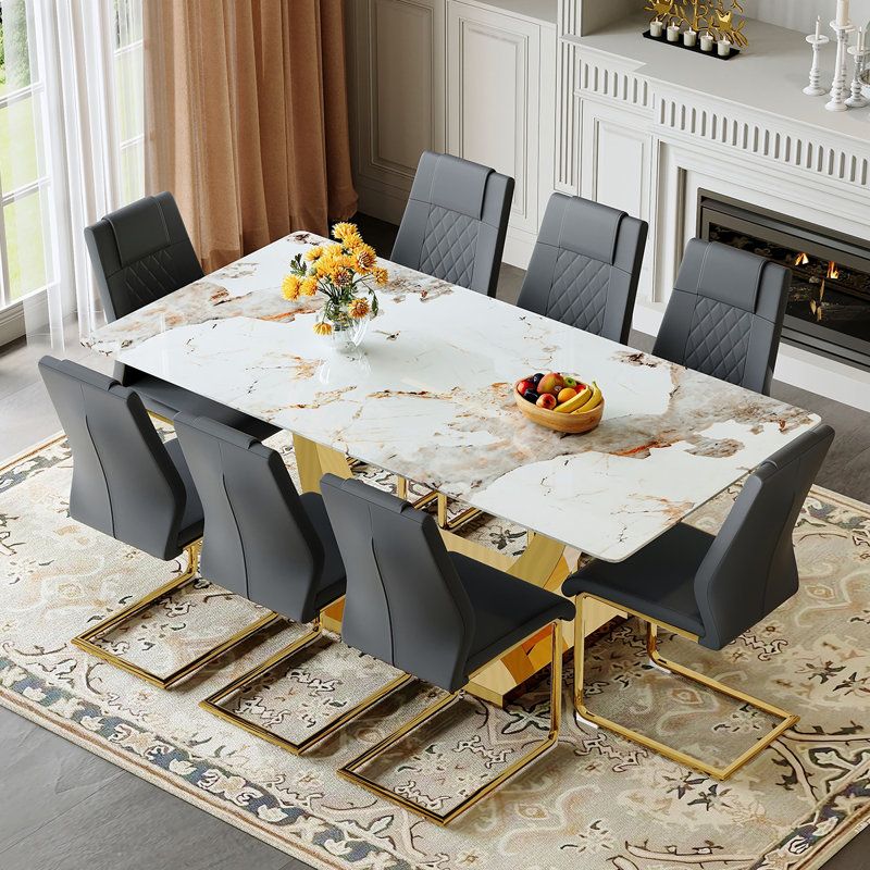 71" Modern Dining Table Set With PU Leather Chairs, Rectangular Table With Gold Metal Base For Dining Room Or Kitchen, Gray