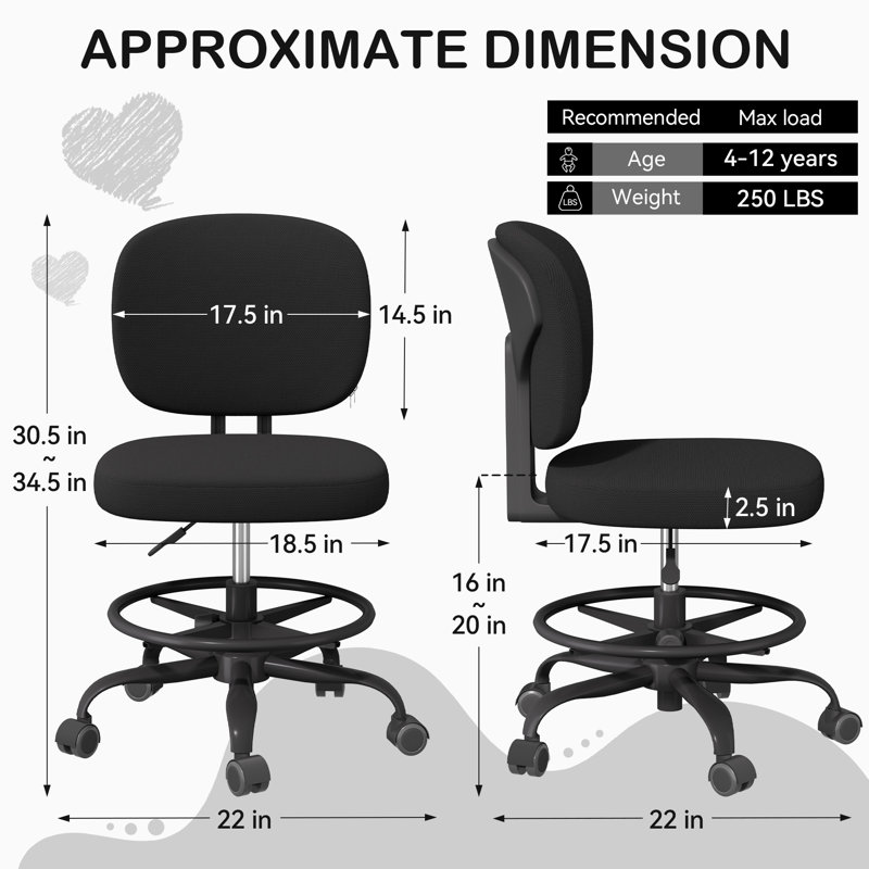 Chaise de bureau sans accoudoirs, chaise de bureau haute à hauteur ajustable et repose-pieds, chaise de bureau ergonomique à dossier moyen pour salle d'art, bureau ou maison
