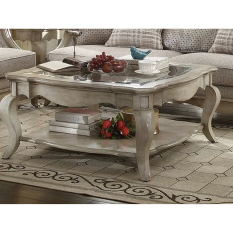 Clear Glass Coffee Table With Taupe Finish, Scalloped Wooden Border, Legs And Scrolled Bottom Storage, 42 Inches Dimensions, 100 Lb Elegant Rectangular Antique Taupe, 5Mm Thick Glass, Frame