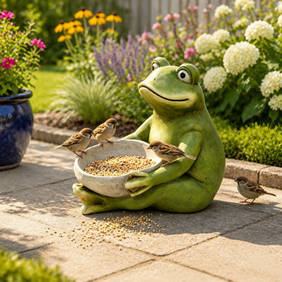 Statue de grenouille vert mousse tenant une mangeoire à oiseaux, figurine d'animal mignon, sculpture décorative pour jardin extérieur, porche, pelouse, patio, allée.