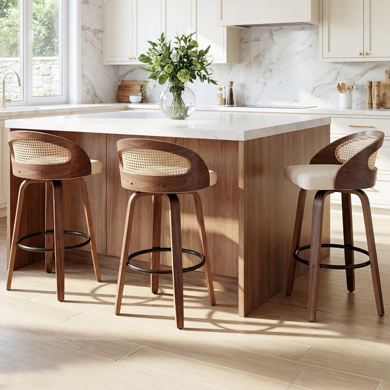 Swivel Upholstered Counter Stool with Solid Wood Frame, Bar Stool (76.2cm Seat Height), Beige Linen