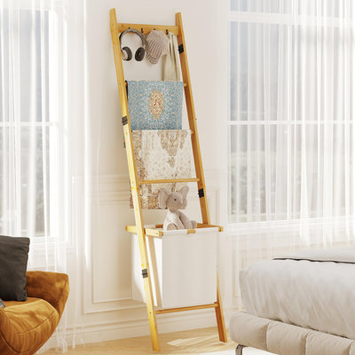 5- Tier Blanket Quilt Holder Ladder Towel Rack with 4 Hooks for Living Room