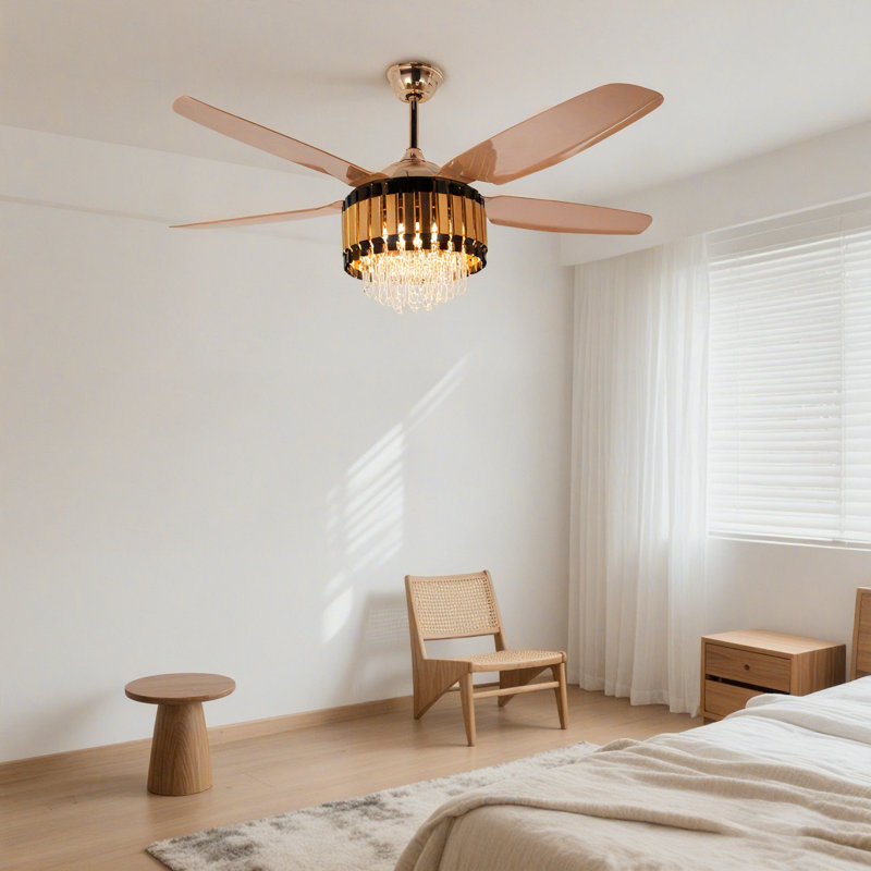 Ventilateur de plafond moderne en cristal doré de style européen et américain de 52 pouces | Télécommande à six vitesses de réglage + source de lumière DEL tricolore | Lampe de ventilateur avant et arrière silencieuse