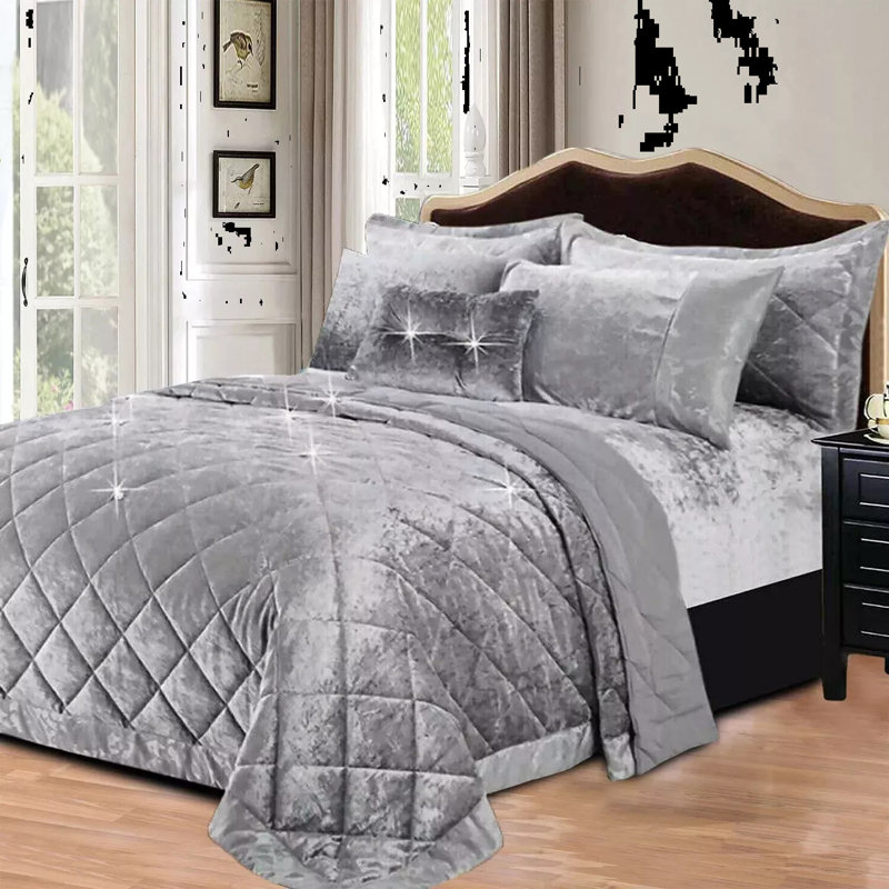 Velvet Bedspread with Pillow Shams Included, Double Bedspread+ 2 Standard Shams, Silver
