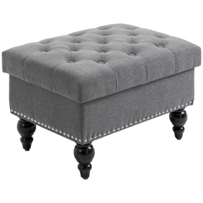 HOMCOM Ottoman With Storage For Living Room, 25" Storage Ottoman With Removable Lid, Button-Tufted Fabric Bench For Footrest And Seat With Wood Legs, Gray