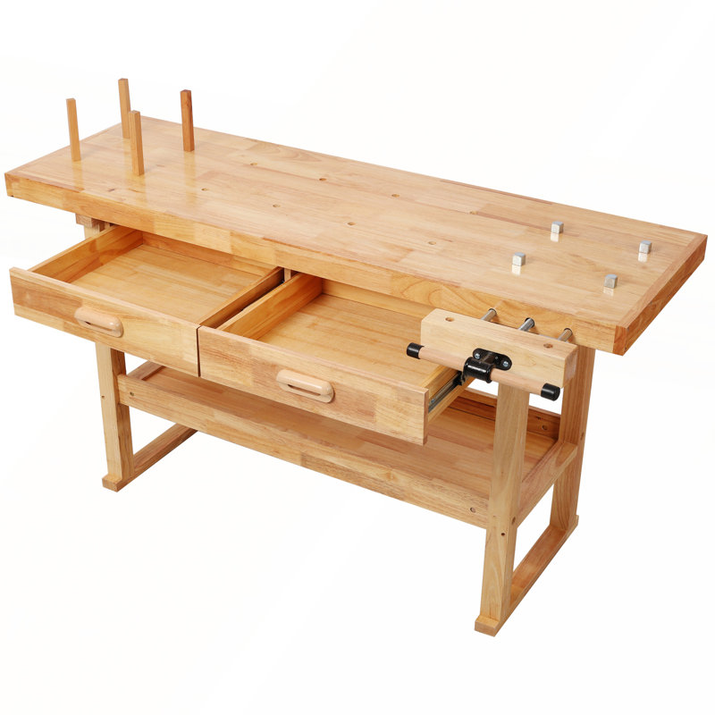 Établi professionnel en bois d'hévéa avec 2 tiroirs et tablette ouverte