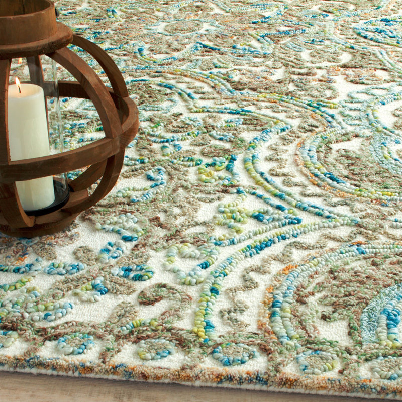Agra Damask Handmade Tufted Wool Beige/Blue Area Rug, Runner 2'6" x 8'