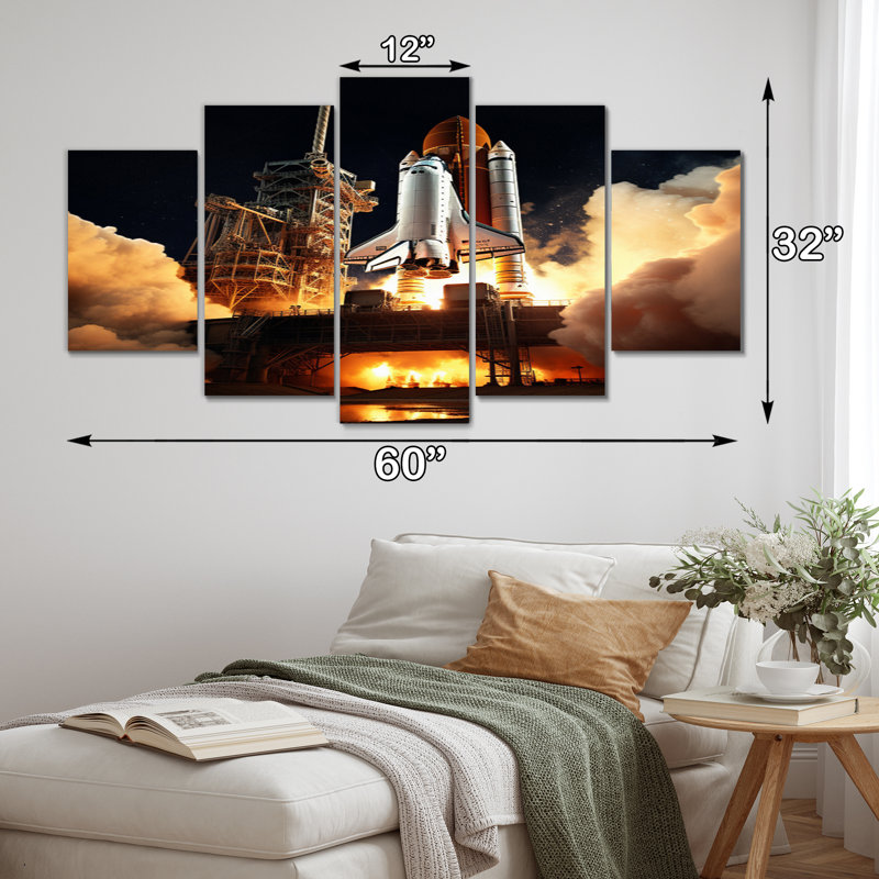 Space Shuttle Captivating Night Launch II - Space Shuttle Canvas Art Print - 5 Panels